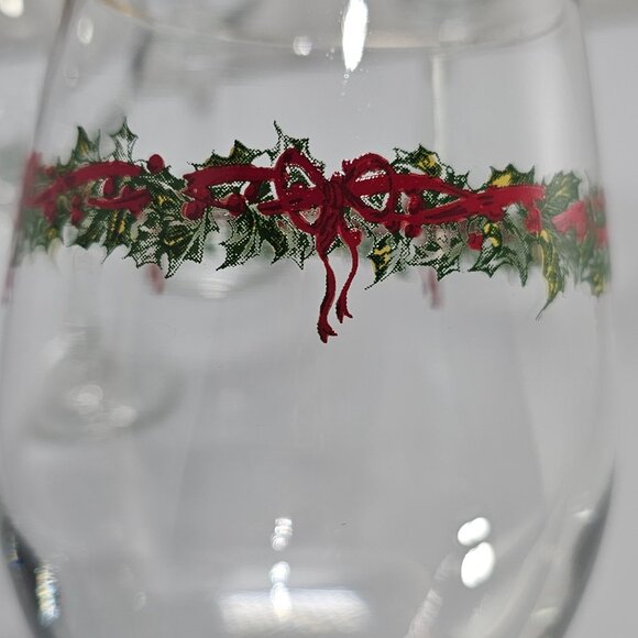 4 Libbey Ribbon Holly Goblets 7.5" water wine gold rim festive holiday Christmas - Picture 4 of 14